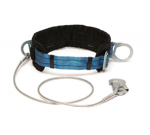 Пояс страховочный 5ПБ предохранительный безлямочный со стропом из стального троса и малым карабином (05-120013)